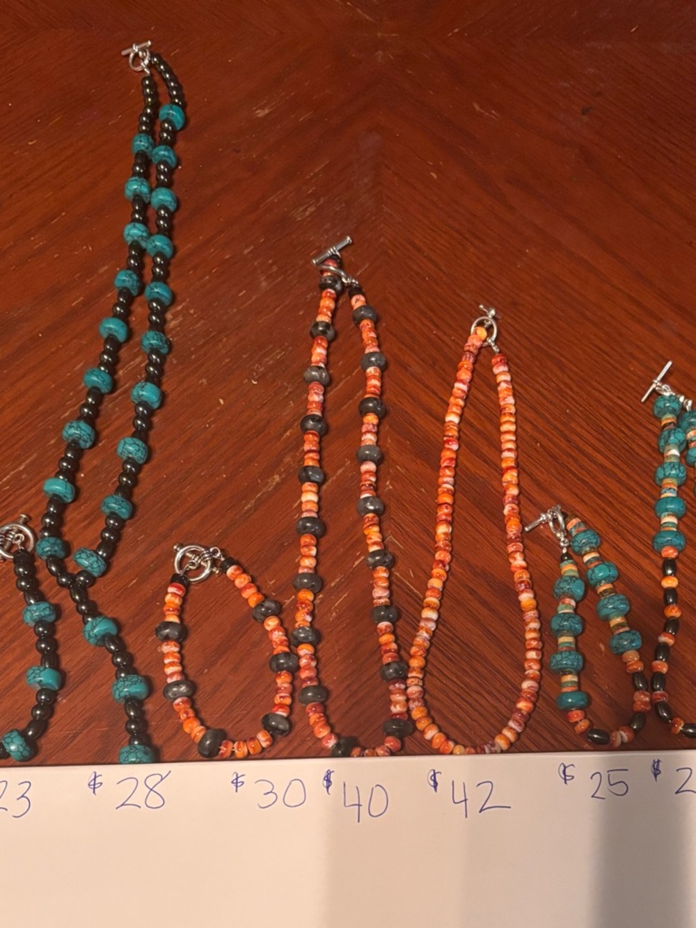Handmade Turquoise & Orange Bead Necklace and Bracelet Set. Various prices